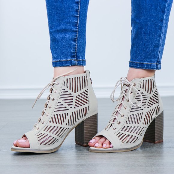 Open Toe Laced Up Spring Cut Out Ankle Booties - Picture 7 of 11